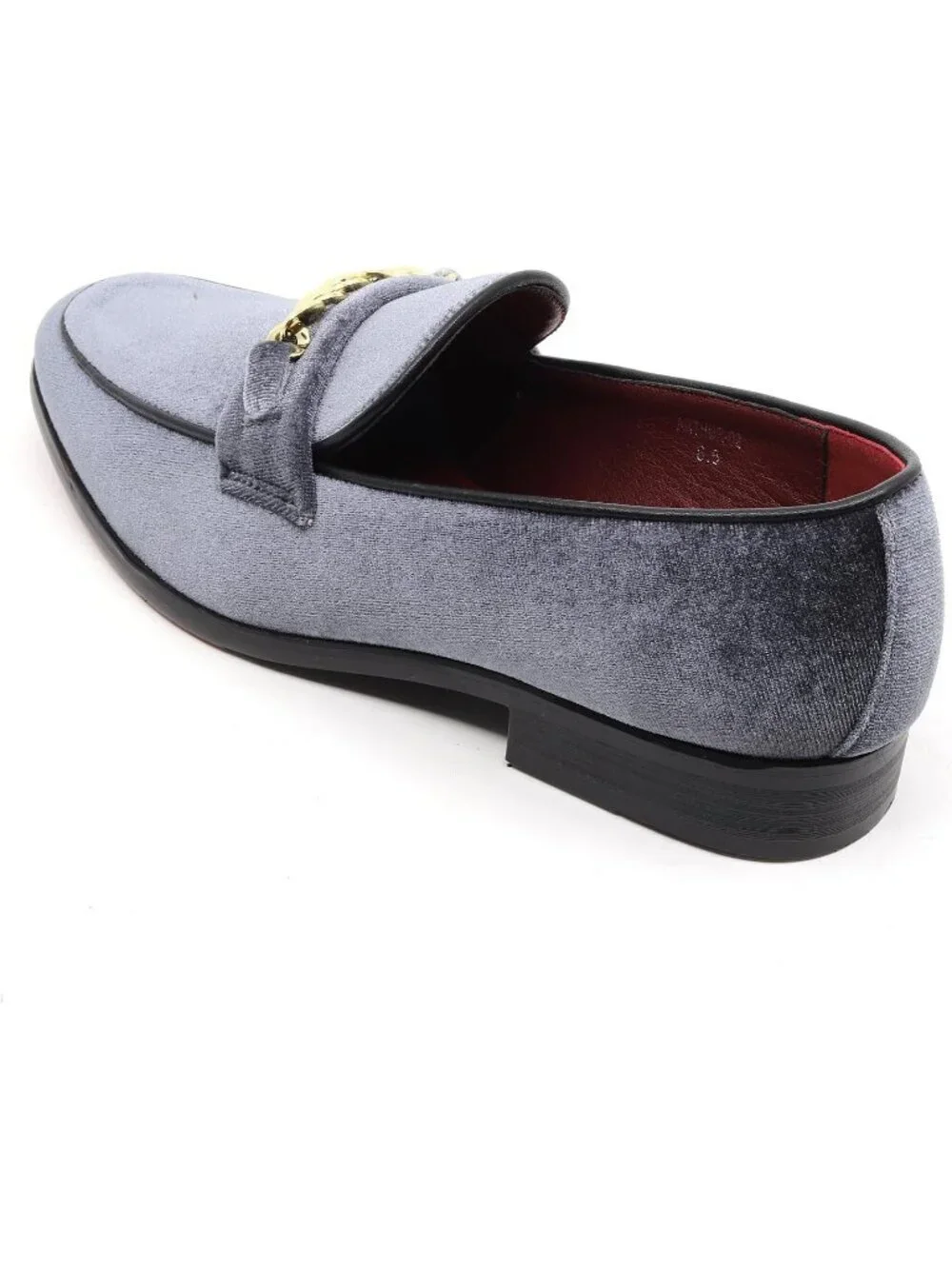 Metrocharm Men's Grey Vintage Velvet Loafers Gold Chain Buckle Slip On Shoes